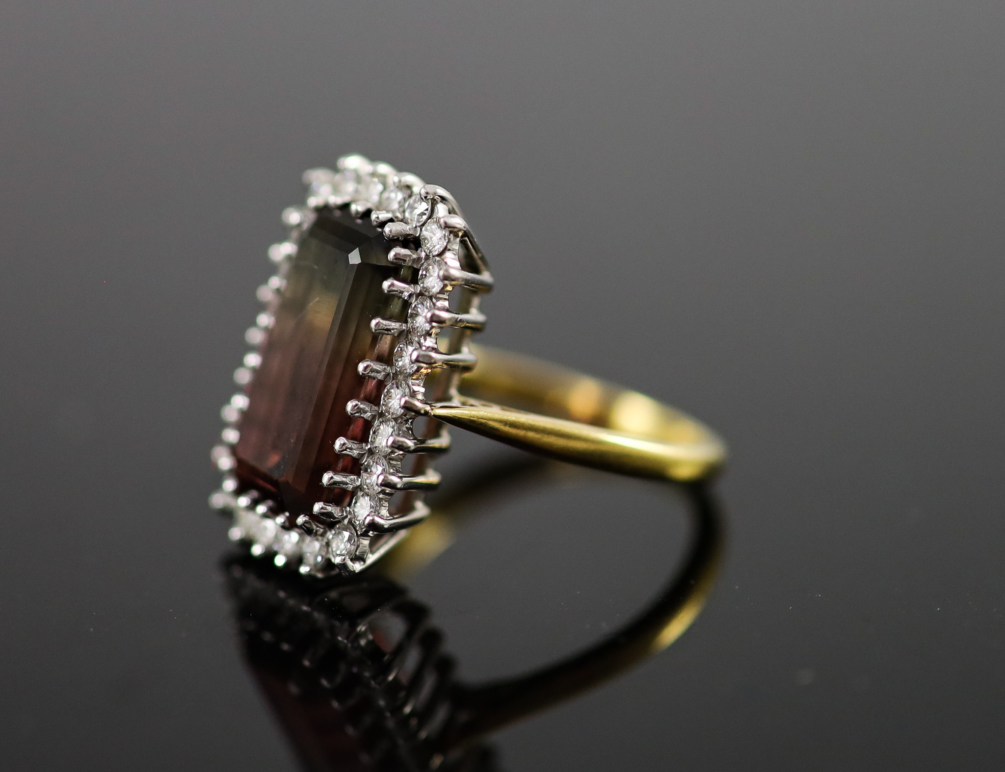 A modern 18ct gold watermelon tourmaline and diamond set rectangular cluster ring